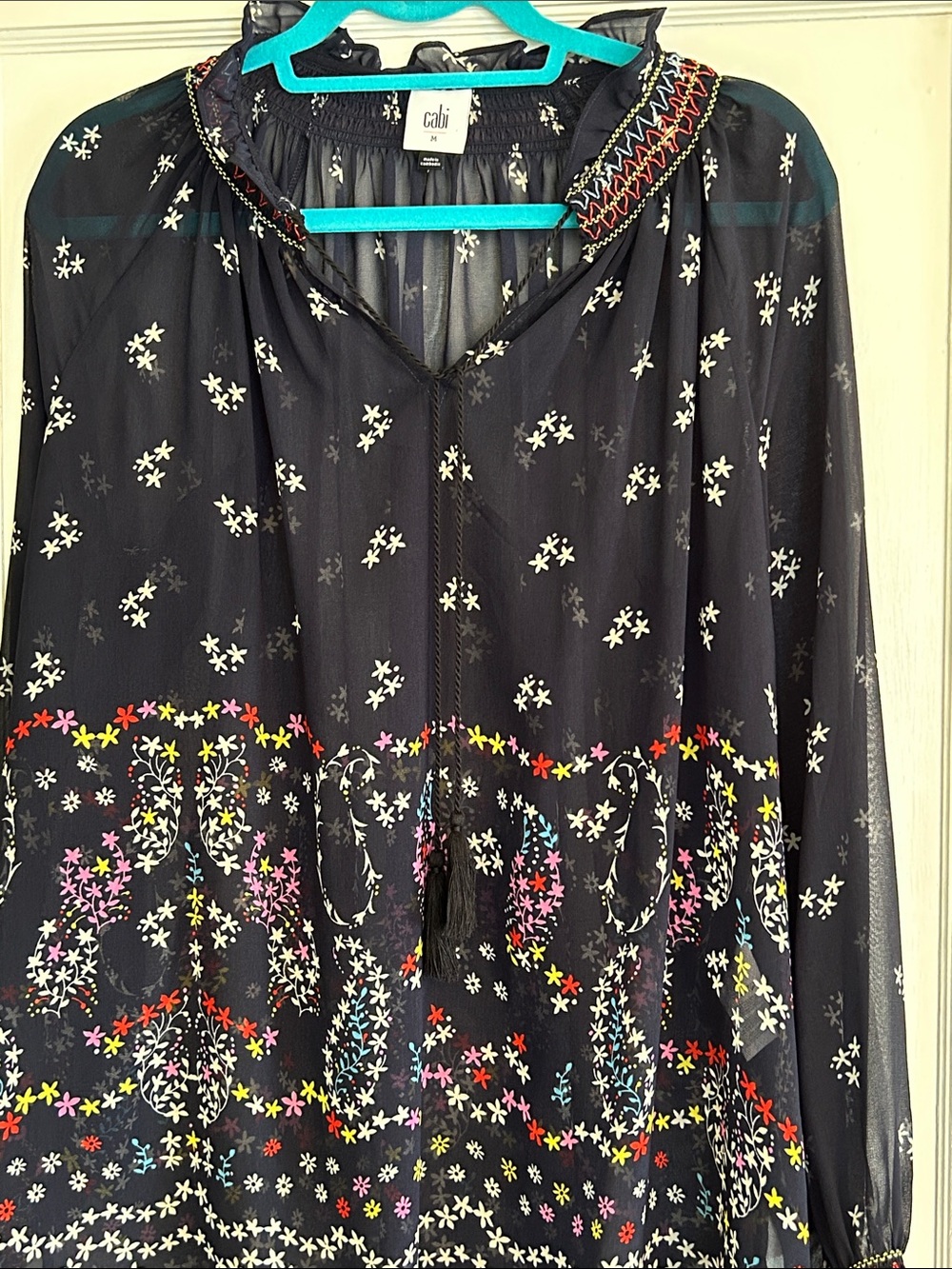 CABI Navy Floral Embroidered Peasant Blouse.  Size medium. Oversized!  EUC